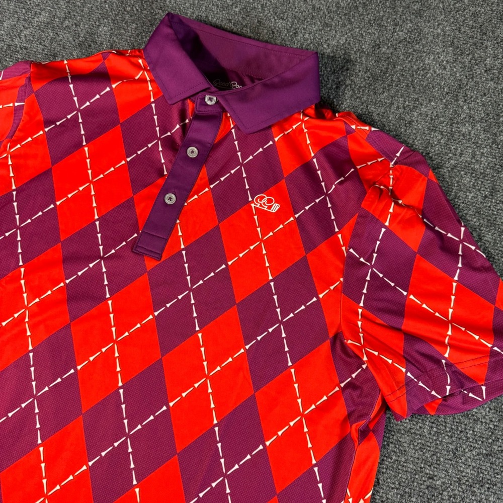 Good Good Golf Mens Small Argyle Tee Time Performance Polo Shirt Red Purple